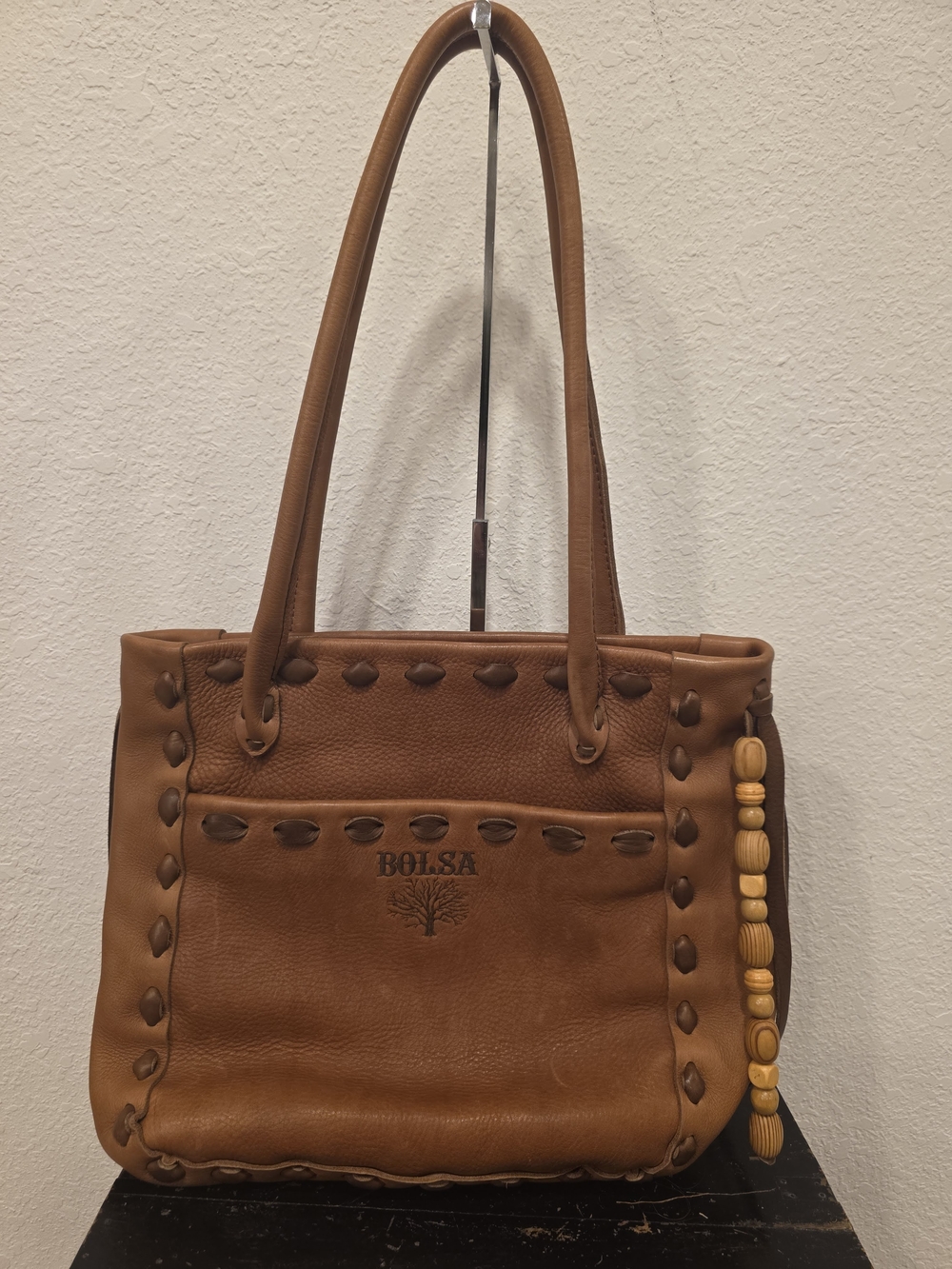 Artisan Brown Leather Tote with Wooden Bead Tassel